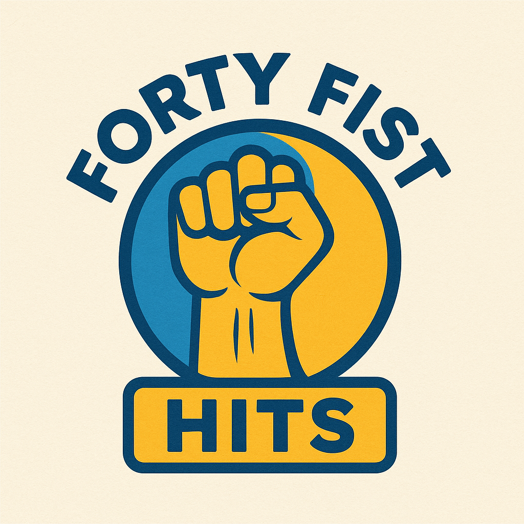 Logo featuring a raised fist, with the text 'FORTY FIST HITS' in a circular design, using blue and yellow colors on a beige background.